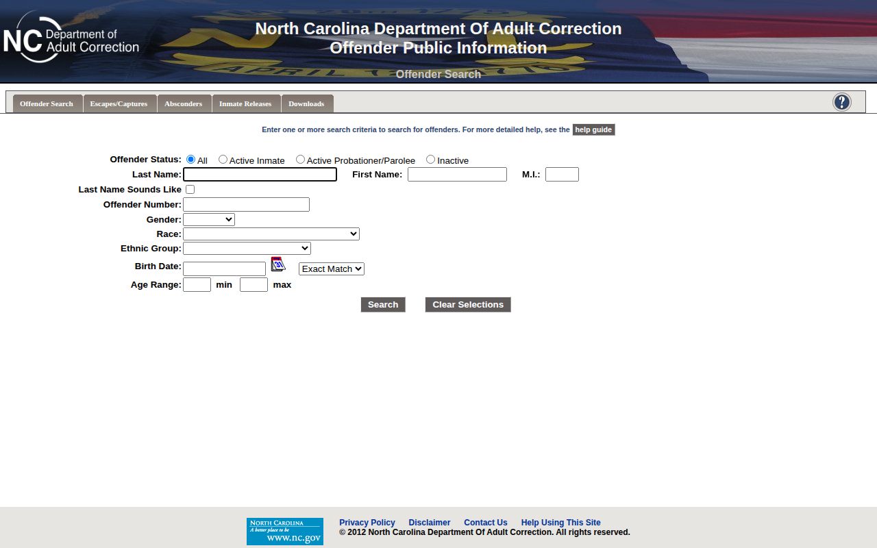 North Carolina DAC offender search interface for Tyrrell County state custody records