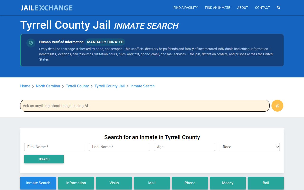 Tyrrell County and Dare County Detention Center booking-record information page capture
