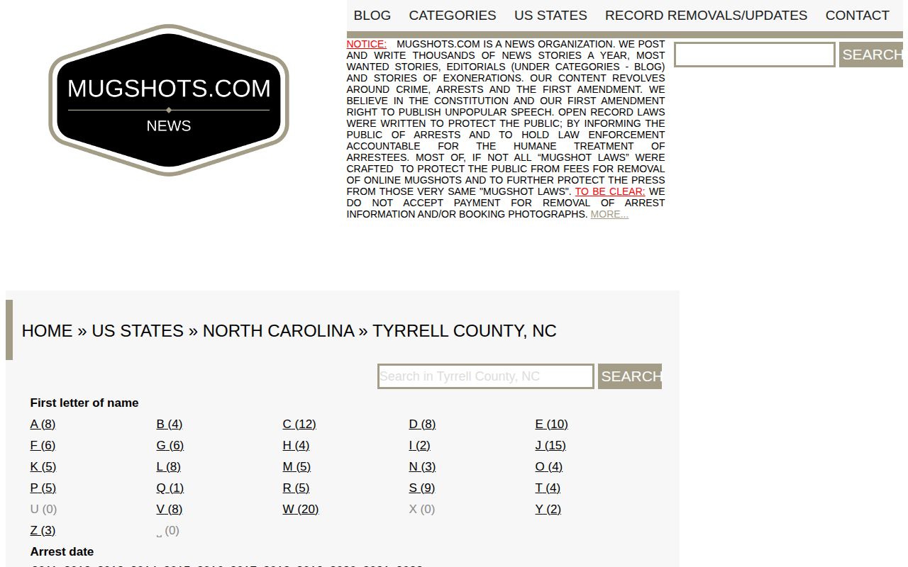 Tyrrell County unofficial Mugshots.com booking-record index capture